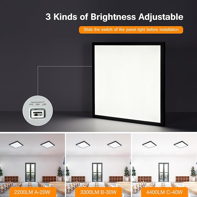 6-Pack Black 2x2 LED Flat Panel Light Surface Mount, 0-10V Dimmable | 40W-30W-20W & 3000K-4000K-5000K Selectable, 100-277V, ETL Listed