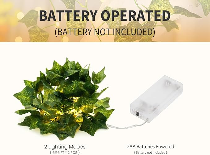 KASZOO 2 Pack 6.56 Ft Vines with Fairy Lights Battery Operated, 40 LEDs Artificial Garland Plant Vine Fairy Light, Hanging Ivy Lights for Bedroom Garden Party Wall Room Decor