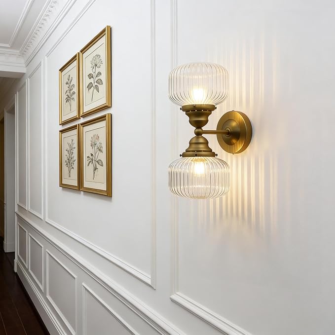 Pathson 2-Head Striped Globe Wall Sconces, 2-Lights Bathroom Vanity Light Over Mirror, Brass Vintage Bathroom Sconce Lamp for Living Room Bedroom Above Mirror