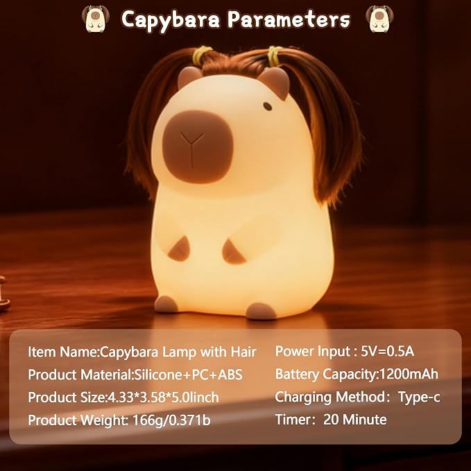 FAMIDUO Cute Capybara Night Light, DIY Hairstyle & Squishy Silicone Lamp | Rechargeable Tap-Control Bedside Lamp,Soft Squishy Silicone Nursery Light for Boys & Girls,Cute Room Decor,Funny Xmas Gift