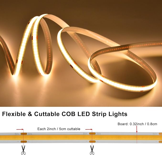 Battery Powered COB LED Strip Lights 6.6Ft 640 LED Dimmable Light Strip | Cuttable Flexible LED Tape Light for Bedroom Dormitory Tent TV Under Cabinet DIY Lighting (Warm White 2700k)