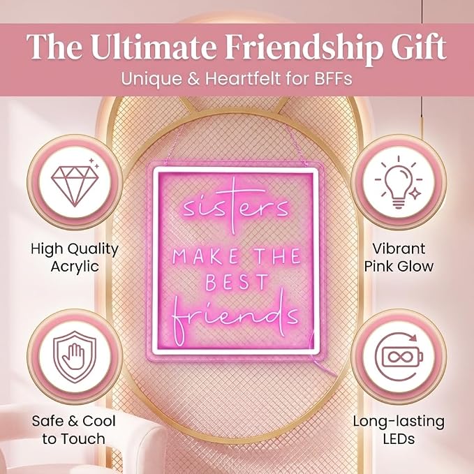 Sisters Make The Best Friends Neon Sign, Pink Led Wall Decor for Bedroom, Gift for Sister, Best Friend, BFF, USB Dimmable Aesthetic Room Decor for Girls, Unique Friendship Gift (13.8"x12.4")