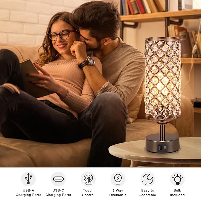 Hong-in Crystal Table Lamp,Black Lamp with USB C+A Ports, 3 Way Dimmable Light with Crystal Lampshade, Bedside Lamp Small Touch Light for Living Room Bedroom, Charge Phone (Bulb Included)