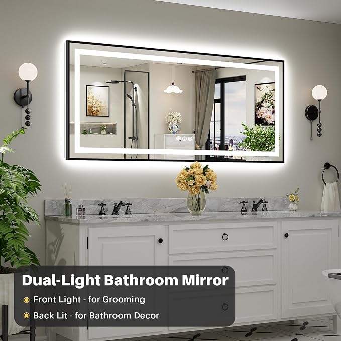 72x32 Inch LED Bathroom Mirror with Black Frame, Backlit & Front Lit | Anti-fog, 3 Color Dimmable, Memory Function, HD Reflection Tempered Glass, ETL Listed, IP54 Waterproof