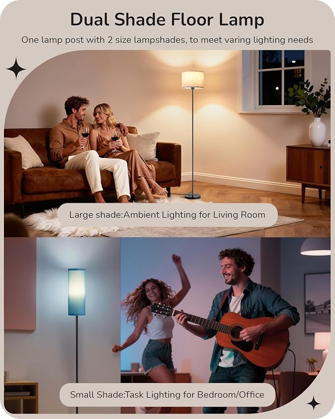 EDISHINE 2 Lampshades Modern Floor Lamps for Living Room Blue | 63.7", Remote Control, Foot Switch, 2700-6000K Dimmable, 9W Bulb Included, Minimalist Standing Lamp for Bedroom, Office