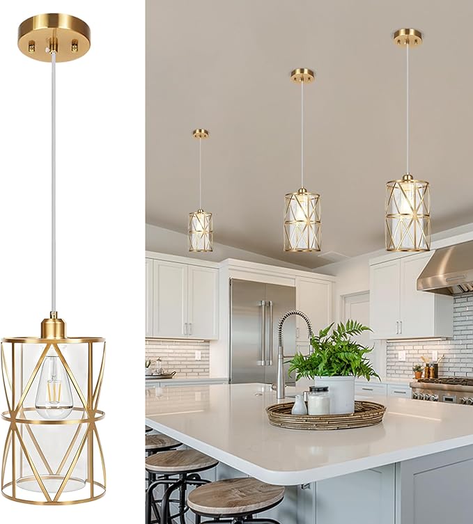 5.4"×7.9" Brushed Gold Pendant Light, Modern Kitchen Pendant Lighting Over Island, Pendant Lighting with Clear Glass Shade, Glass Pendant Lights Kitchen Island, Foyer, Dining Room, Entryway
