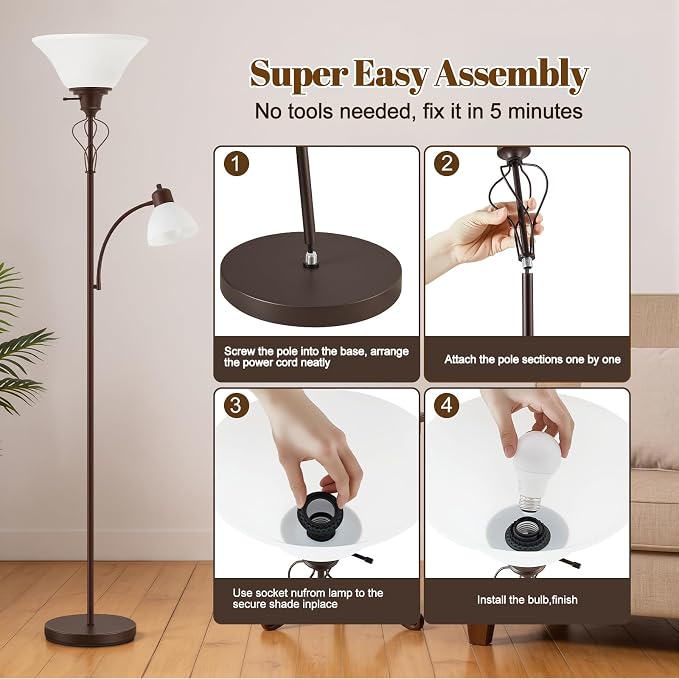 Floor Lamps for Living Room, 70" Tall Torchiere Floor Lamps, Plastic Shade | Tall Lamp with Adjustable Gooseneck Reading Light, Modern Corner Standing Lamp for Bedroom, Office, Separate On/Off Switch