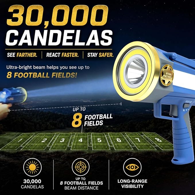 30,000 Candela Rechargeable Spotlight with Turbo Boost | Rechargeable spotlight with 10 light modes, Turbo Boost, kickstand and phone charger for emergencies and camping