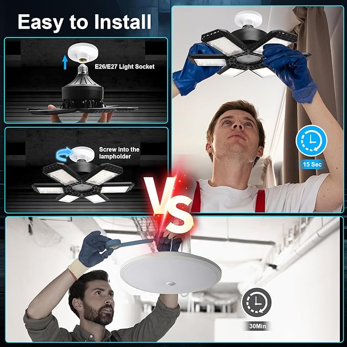 4 Pack Garage Lights, 28000LM Super Bright LED Shop Lights with 6+1 Deformable Panels, 6500K Garage Light Ceiling Led, E26/E27 Socket Screw in Bulb for Warehouse, Workshop, Basement, Attic