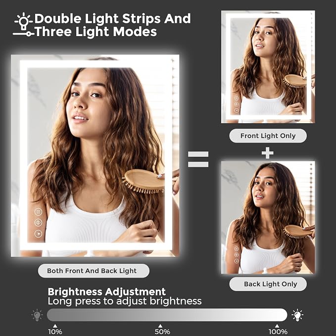 Koonmi 32x30 LED Bathroom Mirror with Light, Anti-Fog, 3 Colors | Backlit + Front Lit, Dimmable Brightness, Shatterproof HD Distortion-Free Tempered Glass, Hardware Included