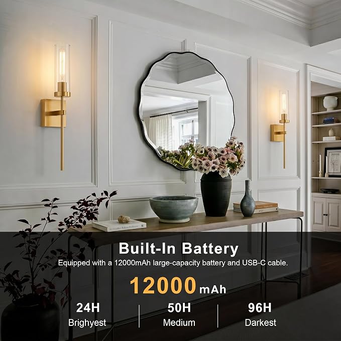 Wireless Wall Sconces with Remote Control, Brushed Gold Battery Operated Wall Sconce Set of 2, Dimmable Rechargeable Wall Decor Lights for Living room Dining room Bathroom Bedroom Hallway Stairwell