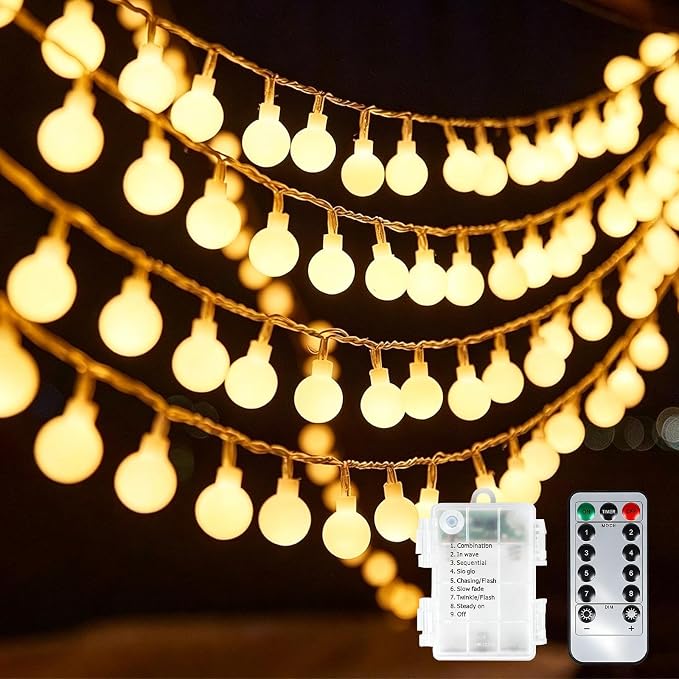99FT 200LED Globe String Lights, Battery Powered Waterproof 8 Modes Hanging Fairy Lights with Remote for Patio Garden Holiday Tree Yard Party Wedding Indoor Outdoor Decor, Warm White