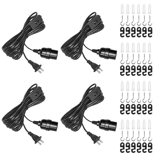 DiCUNO Hanging Lantern Extension Cord Cable, E26 Pendant Light Socket On Off Inline Cord Switch Control Lamp, Switch Close to Polarized Plug, 20 Feet (6M), Black, 4-Pack