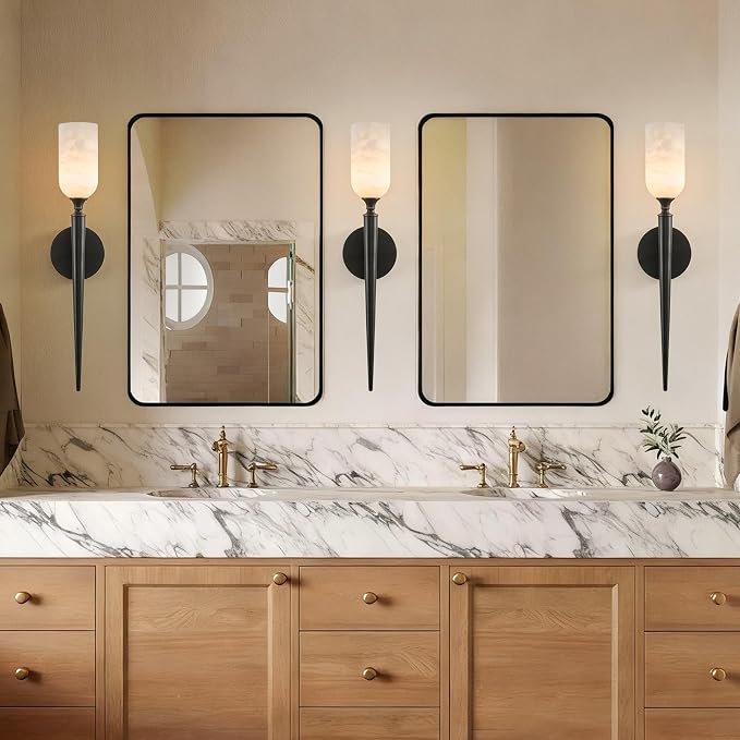 21.6" Alabaster Sconces Set of 2, Antique Oil Rubbed Bronze Brass | Natural Spanish Alabaster, Handcrafted Solid Brass, Refined Material Pairing, Unique Marble Veining, Refined Vintage Style