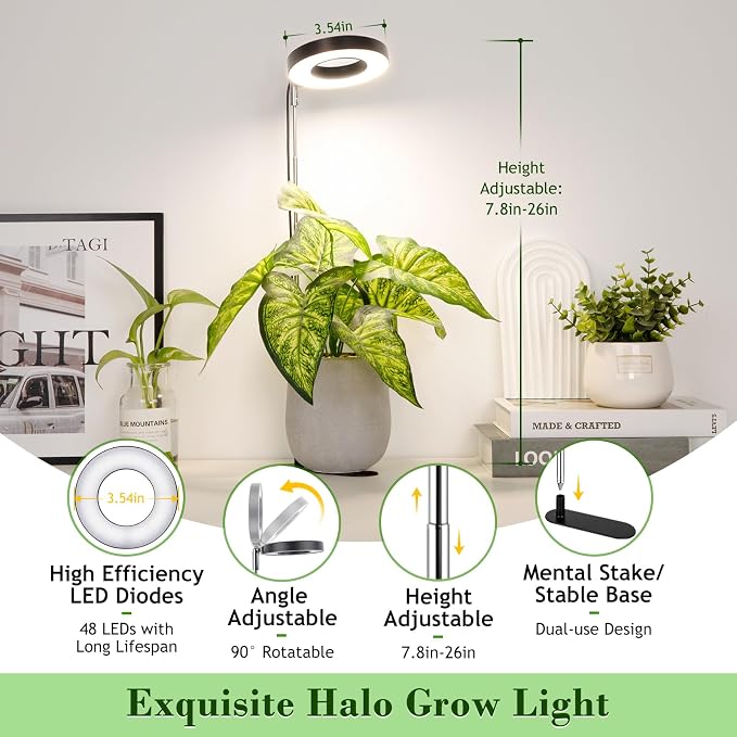 LORDEM Grow Light, 48 LEDs Plant Light for Indoor Plants, Full Spectrum Desk Grow Lamp with Automatic Timer for 4H/8H/12H, 4 Dimmable Levels, Height Adjustable 7.8"-26", Black, 3 Pack