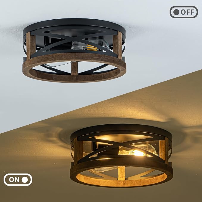 Farmhouse Ceiling Light, 2-Light Round Flush Mount Ceiling Light with Wood and Metal Frame, Black Rustic Light Fixture for Hallway, Entryway, Bedroom, Kitchen