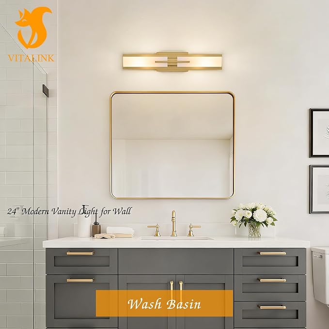 VitaLink Gold Vanity Light, 24” Modern Bathroom Wall Light Over Vanity Mirror 2-Light Hardwired Milky White Glass Wall Light for Bedroom Living Room Dining Room Hallway