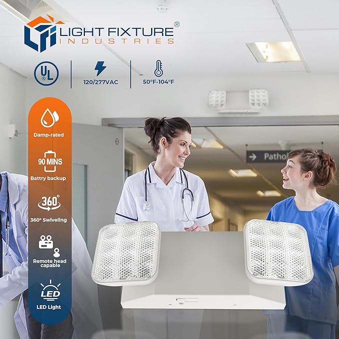 LFI Lights® Remote Head Capable LED Emergency Light, Hardwired with Battery Backup, UL Listed, Adjustable LED Heads, White Housing, Commercial Indoor Lighting EL2WRH