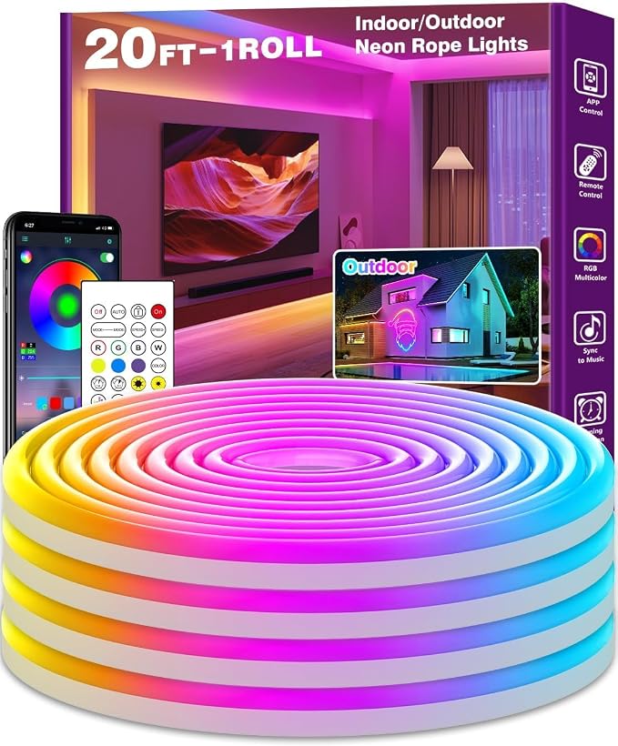 SINLEY Led Neon Rope Lights 20FT,Control with App/Remote,Flexible Led Rope Lights,Multiple Modes,IP68 Outdoor RGB Neon Lights Waterproof,Music Sync Gaming Led Strip Lights for Bedroom Indoor