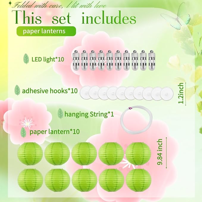 Green Chinese Paper Lanterns with LED Lights, 10-Pack 10inch