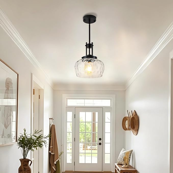 10 Inch Pendant Lights Kitchen Island, Black Pendant Light Fixtures with Hammered Glass Shade, Modern Farmhouse Island Hanging Light for Kitchen Dining Room Bedroom(Black)