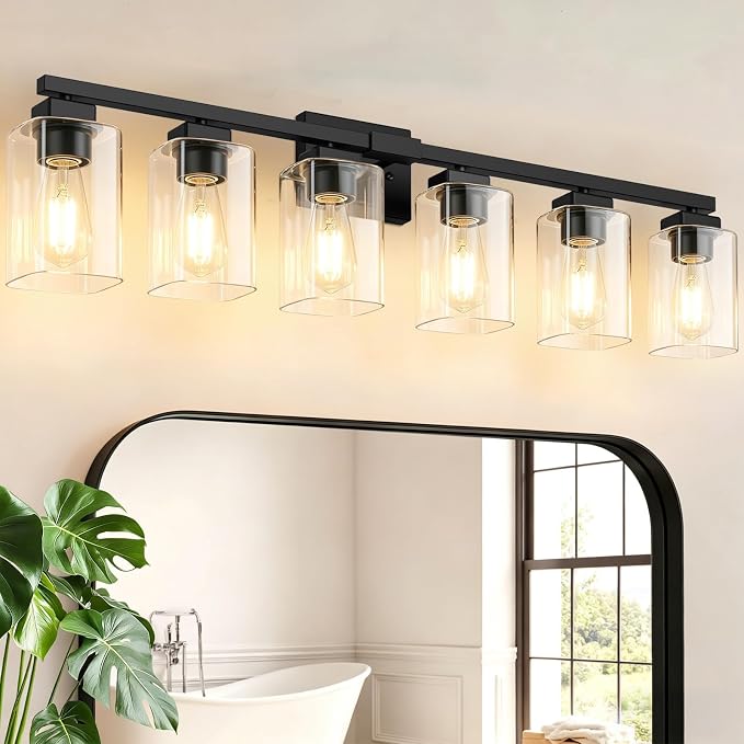 37” Bathroom Light Fixtures Over Mirror,6-Light Black Vanity Light | Large Size, Square Clear Glass & Durable Metal, Quick & Easy Installation, Standard E26 Socket, Bright Bathroom Lighting