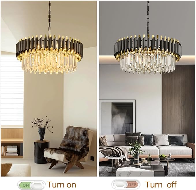 Black and Gold Crystal Chandelier Contemporary 24" with 5-Tier Modern Living Room Chandeliers K9 Crystal Ceiling Lights Fixtures for Dining Room Living Room Bedroom Foyer