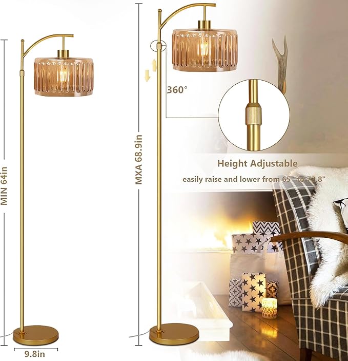 ILLMTW Glass Floor Lamp for Living Room,Bedroom,Gold Mid Century Modern Standing Lamp with Remote,Dimmable Brass Tall Lamp Amber Flower Lamp Vintage Floor Lamps Arc Floor Light Boho Bohemian