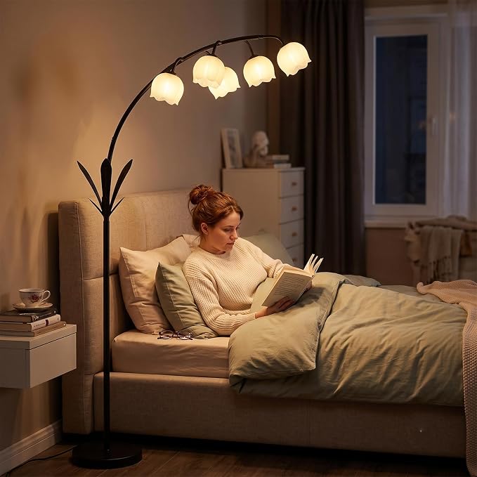 HMVPL Black Floor Lamp for Living Room, Flower Floor Lamp with 5 G9 LED Bulbs, Foot Switch, Arc Standing Lamp with Acrylic Shade,Marble Base, Cute Tall Lamp for Living Room Corner Bedroom Reading Home