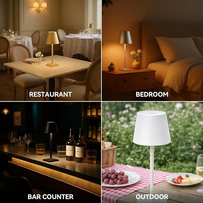 4-Pack Rechargeable Cordless Table Lamps, Battery-Operated Wireless Minimalist Table Lamp, 3 Colors Stepless Dimming LED Adjustable Height Table Lamp for Dining/Bedside/Camping (4, Black)