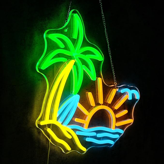 Tropic Neon Sign for Wall Decor Dimmable Coconut Tree Led Light Signs Summer Beach Neon Signs for Hawaii Shop Neon Light for Bar Bedroom Cafe Tiki Bar Party Decoration