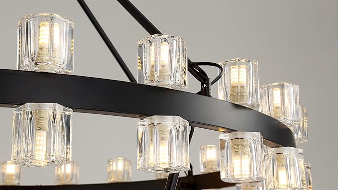 48 Inch Black Wagon Wheel Chandelier with Crystal Shade, 2 Tier 80 Lights, Modern Farmhouse Style, Ideal for Dining Room, Kitchen, Entryways