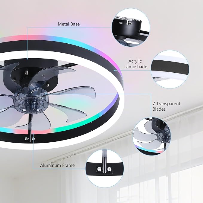 RGB Ceiling Fan with Light, 20'' Low Profile Ceiling Fans, Black Flush Mount LED Fan Light with Remote Control, Modern Bladeless Fandelier for Bedroom, Living Room, Kitchen