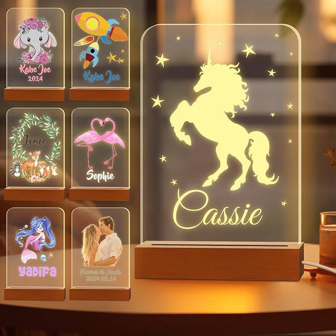 Personalized Night Light for Kids Custom Engraved Name Acrylic LED Lights with Wood Base for Nursery Bedroom Decor Night Lamp, Customized Birthday Gifts for Girl,Unicorn