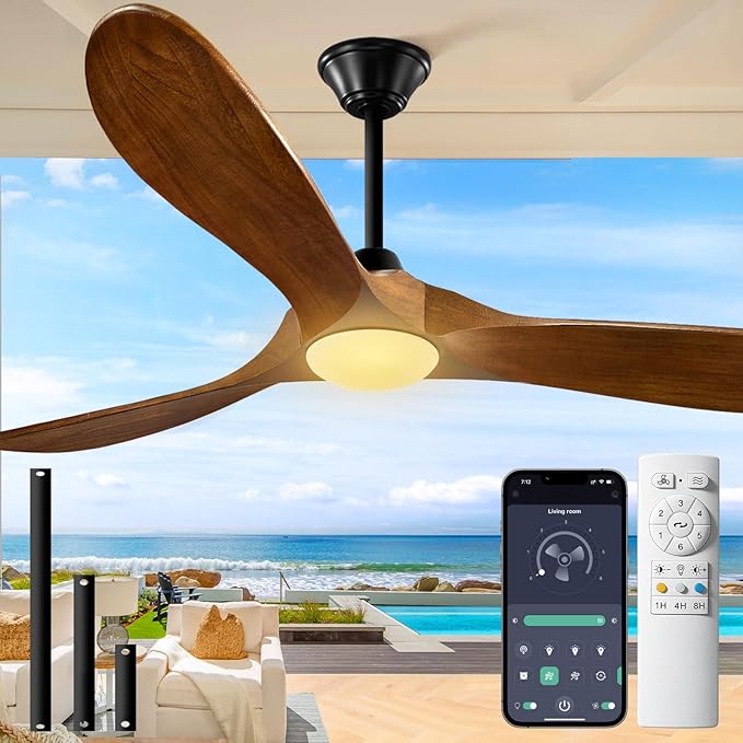 Outdoor Ceiling Fan with Light-Glass Lamp, 52 inch 3 Blade Wood Propeller Ceiling Fans with Lights and Remote Control for Patios, Exterior Damp Rated High CFM Ceiling Fans Modern Smart APP, Walnut