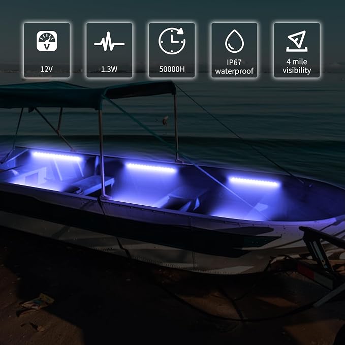 RVZONE LED Boat Interior Lights, Boat Led Strip Lights Marine Waterproof Marine Lighting Strip Night Fishing Lighting for Pontoon, Dinghy, Kayak, Yacht,4 Pcs, Blue