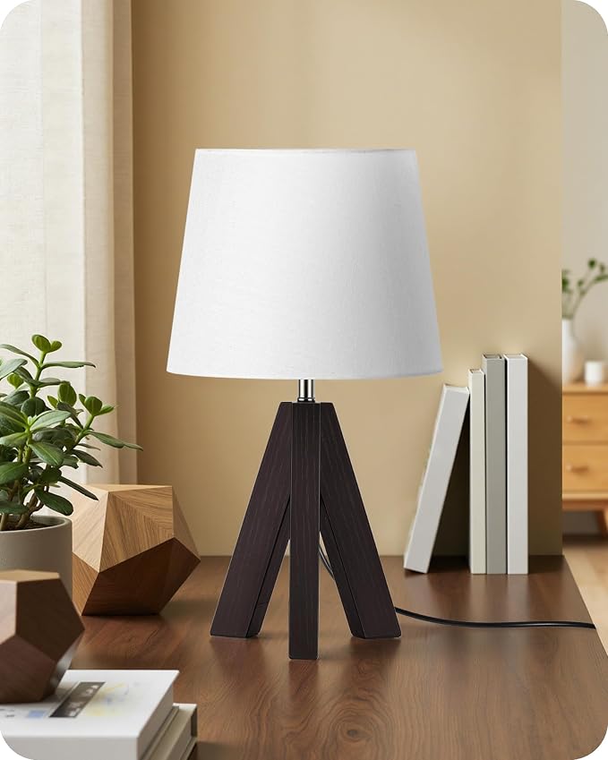 Small Table Lamp for Bedroom, 14.6" Bedside Lamp with White Linen Shade and Walnut Wood Tripod Base, Modern Nightstand Lamp for Living Room, Nursery, Entryway, E26 Socket, VW51TL05