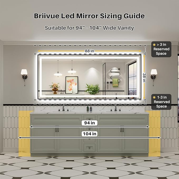 88x38 Inch LED Bathroom Mirror with Black Frame, Backlit & Front Lit | Anti-fog, 3 Color Dimmable, Memory Function, HD Reflection Tempered Glass, ETL Listed, IP54 Waterproof