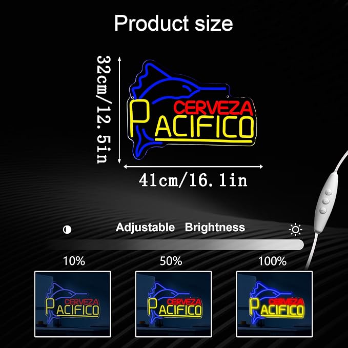 Pacific Beer Neon Signs for Wall Decor,Dimmable Mexican Beer Led Neon Light, USB Powered Business Signs for Man Cave Bar Pub Restaurant Party Christmas Birthday Gifts(16.1 * 12.5in)