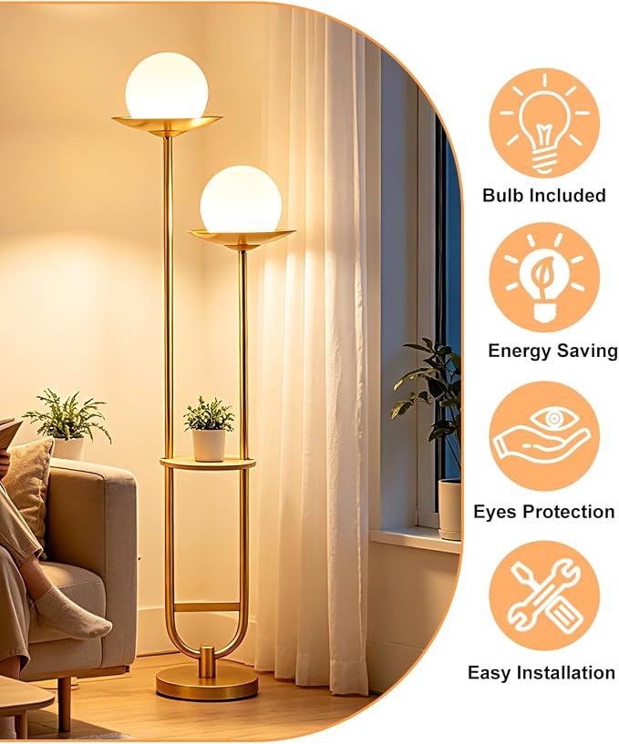 Lightdot 63IN 2 Globe Gold Floor Lamp Mid Century Standing Lamps Dimmable with 3000K Warm White LED Bulbs Unique Vintage Tall Floor Lamp with 5Lbs Heavy Base for Living Room/Wedding/Party
