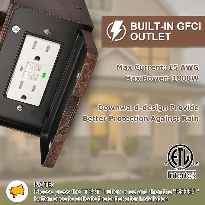 Dusk to Dawn Outdoor Lighting, Porch Light with GFCI Outlet and LED Bulb | Exterior Wall Fixture with Clear Glass Shade, Waterproof Outside Lights for House Garage Front Door, Antique Bronze