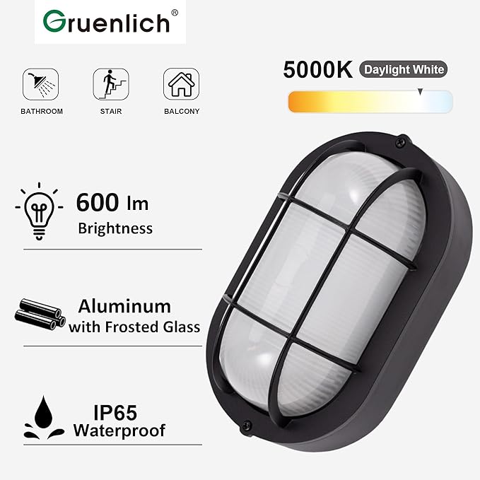 GRUENLICH LED Bulkhead Light Fixture, Aluminum Outdoor Wall Lantern, 8.5" | Oval Exterior Porch Light Wall Sconce for House Walkway Nautical Sauna, Dimmable 6W 600 Lumen, Glass, 5000K, Black, 2 Pack