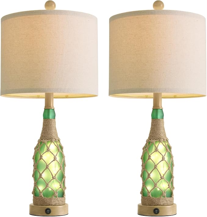 23'' Boho Table Lamps with Night Light for Living Room, Bedside Lamps Set of 2 with A+C Charging Ports for Bedroom, Farmhouse USB Lamps for Nightstand Console, Glass Bottle Rope Base, Green