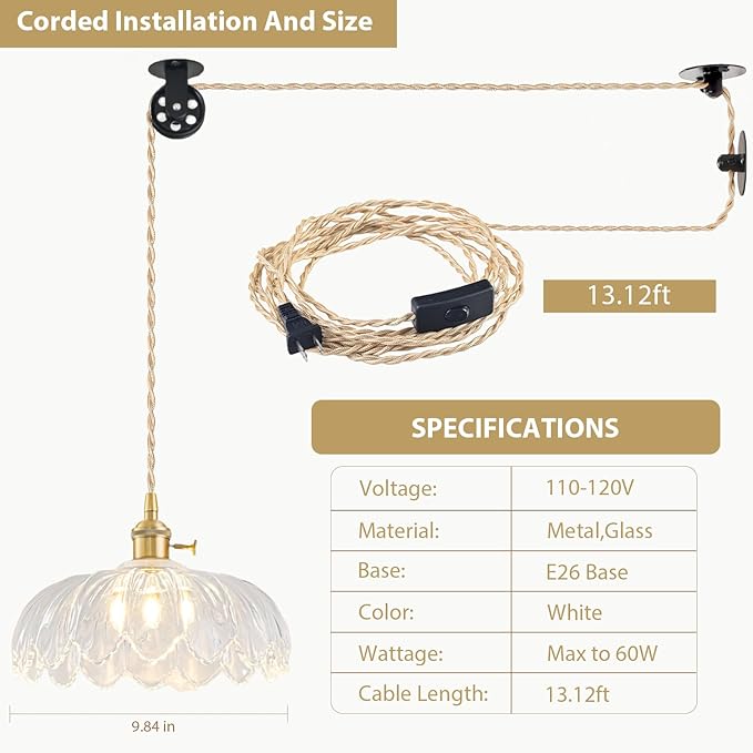 Plug in Pendant Light Fixtures, Hanging Light Fixture Glass Pendant Light, Vintage Transparent Hanging Lamp, Pendant Lighting for Kitchen Island, Bedroom, Dining Room, Living Room