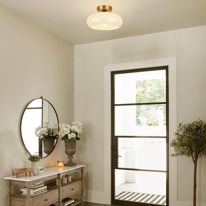 Semi Flush Mount Ceiling Light Fixture, 11'' Vintage Mid-Century Gold with White Milk Glass Shade, Modern Farmhouse Lighting for Kitchen, Hallway, Bedroom, Foyer, Laundry Room, Schoolhouse