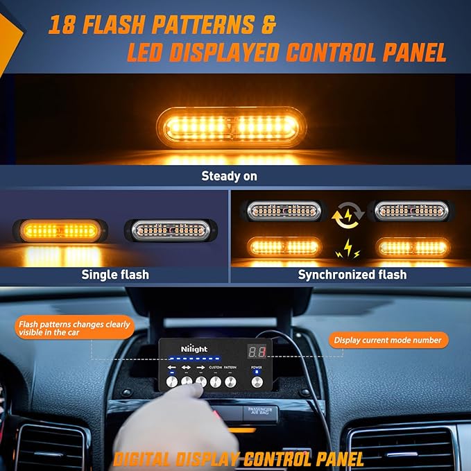 Nilight 8PCS Led Strobe Lights with Controller 12V 24V Sync Feature Amber Strobe Light 12 LED Surface Mount Emergency Hazard Warning Lights with Strobe Controller for Vehicle Car Truck RV ATV