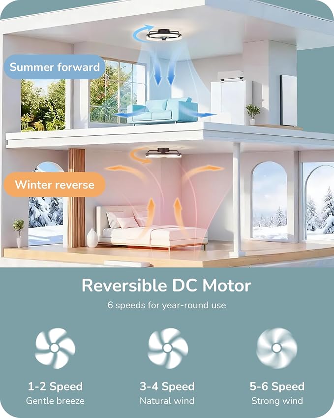 EDISHINE 20'' Ceiling Fans with Lights and Remote, 6 Speeds LED Modern | Flush Mount, DC Motor, APP Control, Black Fandelier, Low Profile Ceiling Fan for Bedroom, Kitchen 3000-6000K Dimmable