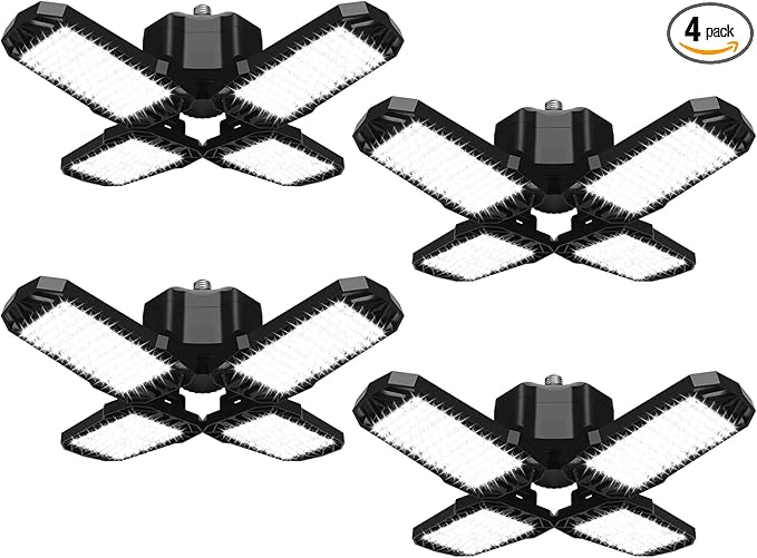 4 Pack LED Garage Light, 150W 15000LM 6500K LED Shop Lights, Garage Lights Ceiling Led with 4 Deformable Panels, Screw in E26/E27 Bulb Socket for Warehouse, Basement, Attic, Barn, High Bay Lighting
