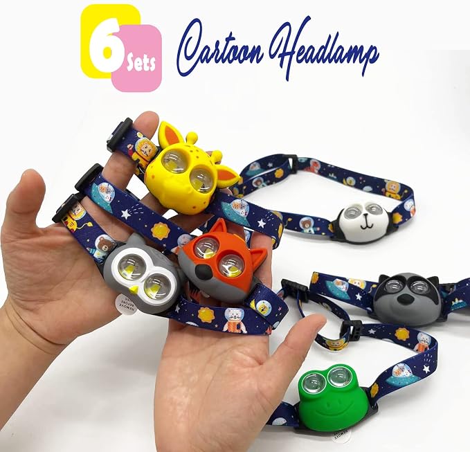 Headlamp for Kids, Battery Powered LED Headlamps, Owl Frog Giraff Dog Fox Raccoon Theme Gift for Children's Day, Birthday, Toddlers - 6 PCS