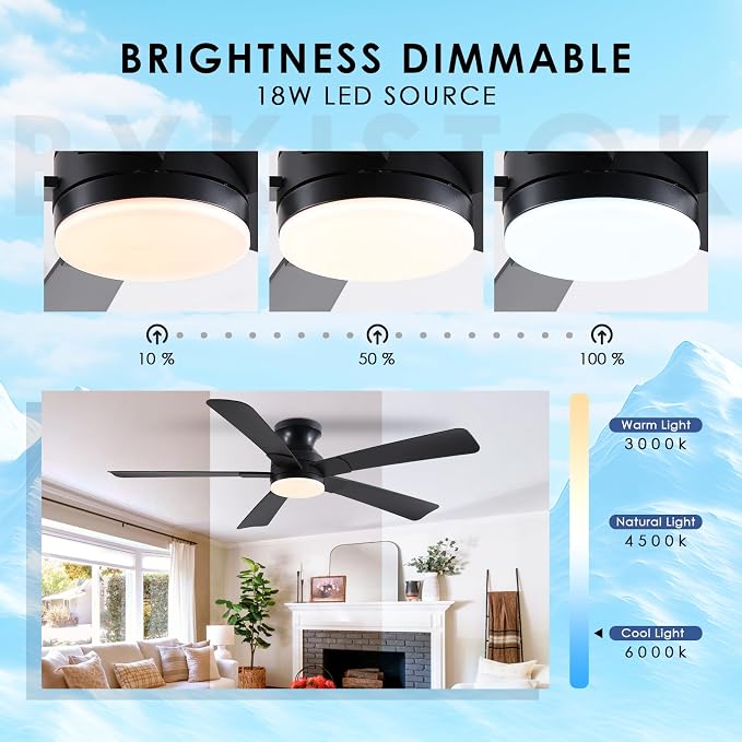 52 inch Ceiling Fans with Lights, Black Flush Mount Ceiling Fan with Remote, 3CCT, LED Dimmable, Reversible, 6 Fan Speeds, Quite Low Profile Ceiling Fan with Lights Modern Bedroom Kitchen Indoor